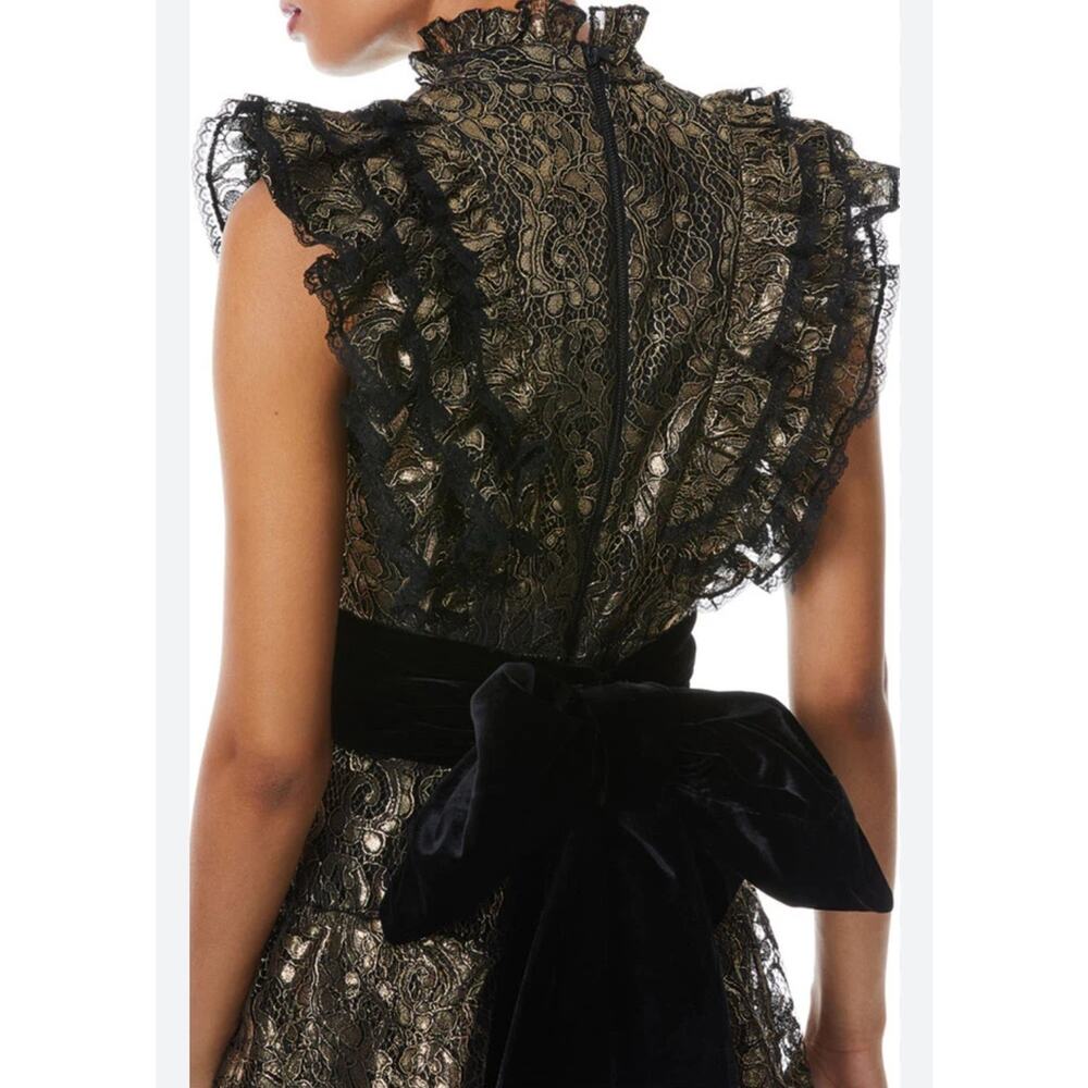 $1300 Alice + Olivia Tahara Gold Metallic Ruffle Sleeve Tiered Maxi Dress Gown S - Picture 2 of 13